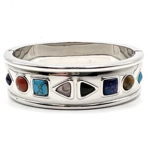 Bracelet Clamper Bangle Silver Tone Southwestern Colorful Inlaid Faux Stones